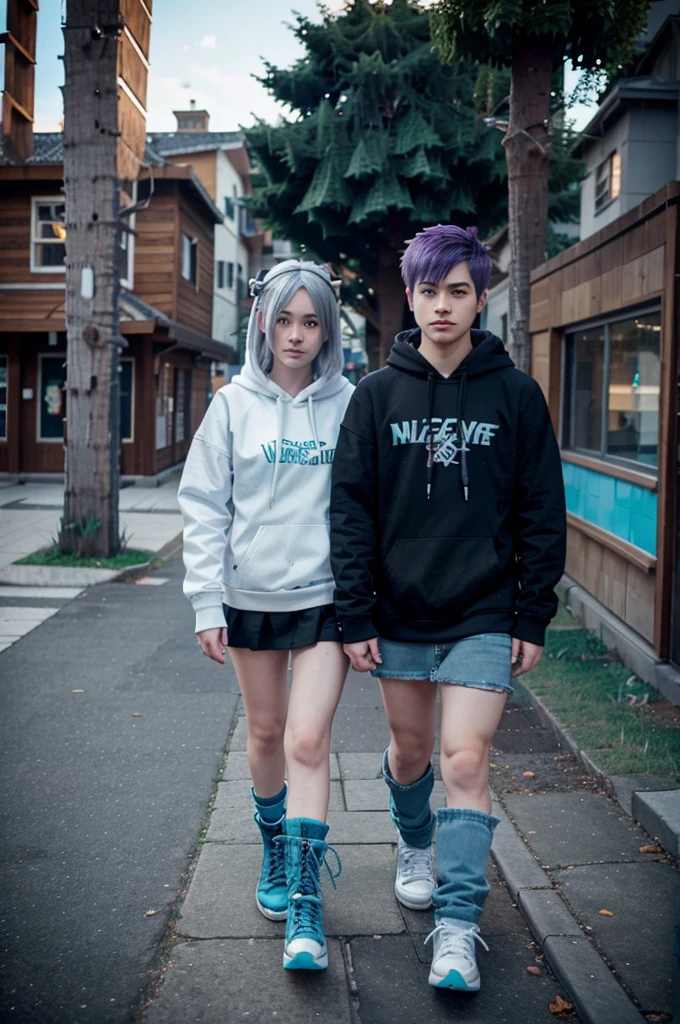 Anime , Man, white hair, cyan Hoodie, cyan eye, jeans, shoes boot, holding pickaxe, full body with his daughter Anime , , purple hair, black cat hoodie Logo Minecraft, dark skirt, black shoes, in Minecraft world