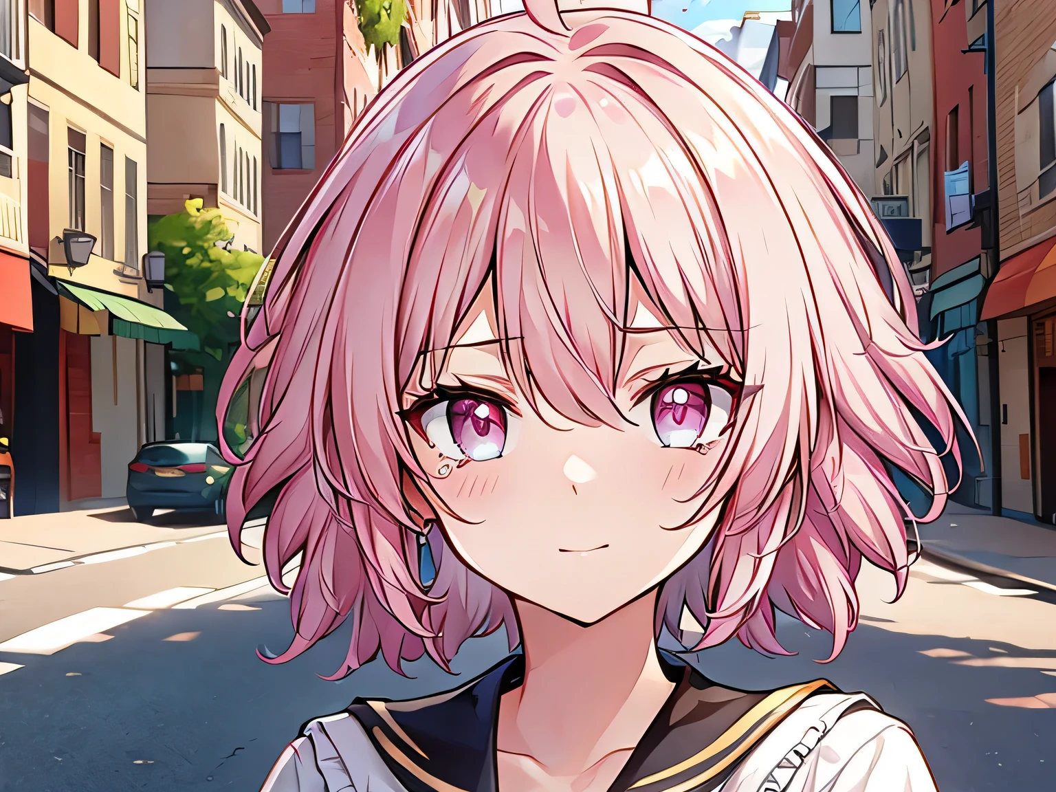 pink hair, ahoge, bob cut, mole under eye, tears, crying, disappointed, Impressionism, blurry, UHD, masterpiece, accurate, super detail, award winning, textured skin, high quality, highres, best quality, on street