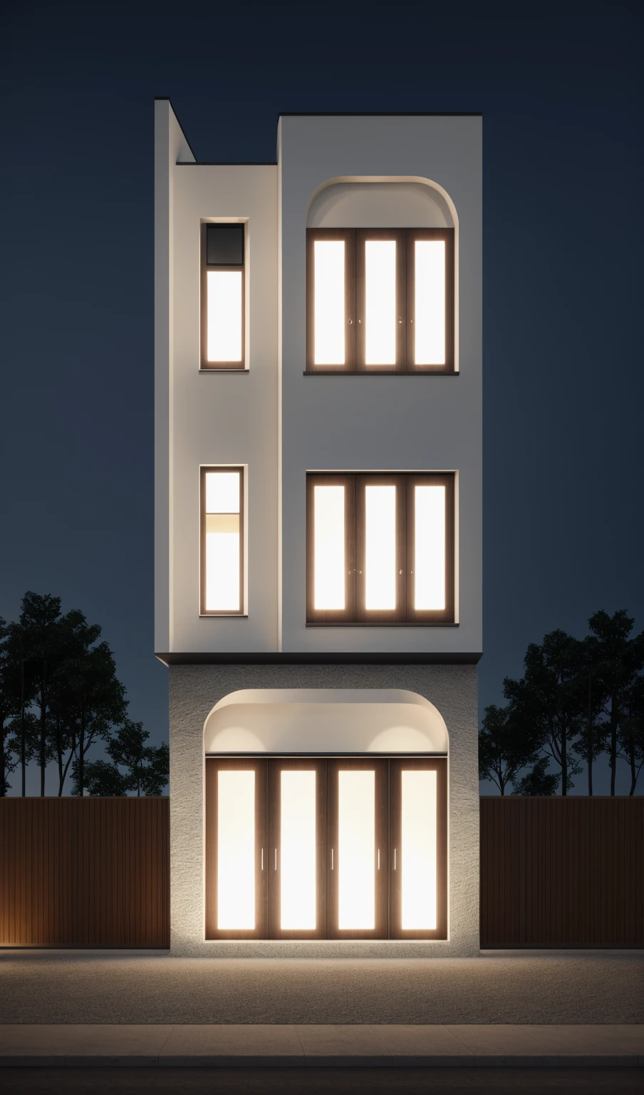 1 morden architect, main material by white wall and wood, 1large yard, 1 road runs in front of the house, (RAW photo, real, best quality, masterpiece:1.2), look morden minimalist, 1 road in front of the house, dynamic lighting:1.3, (hyper realistic, photo-realistic:1.2), high quality, (dark lighting:1.2), perfect lighting, archdaily, no human