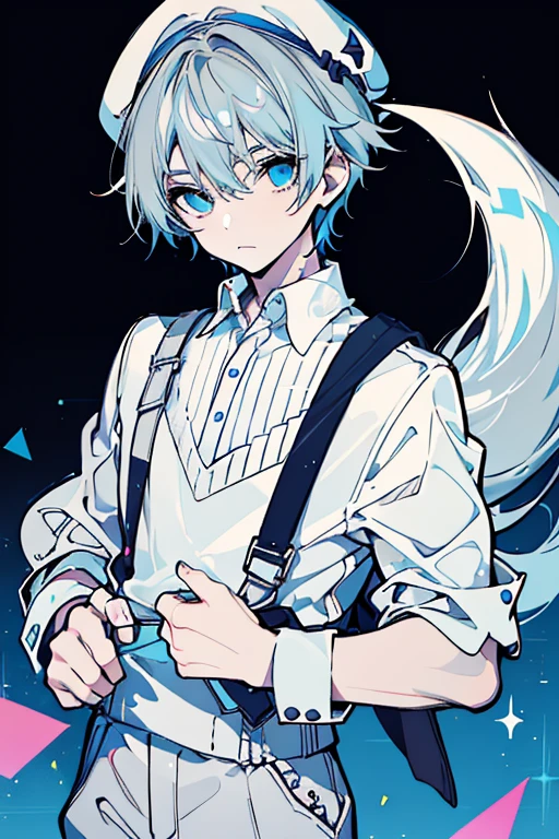 expressive eyes, perfect face, 1boy, young boy, young male, teenage boy, boy, male, masculine, boy, solo, (light shade hair, fox tail, fox ears, light blue grey hair, pale light blue gray hair, pale blue hair, bluish cyan hair), azure eyes, short bangs, big eyes, fox tail, arknights design, white polo, beret, beret hat, white beret hat, white beret, white polo shirt, overalls, jumper, overalls jumper, short hair, masculine look, young boy man, masculine face, kemonomimi