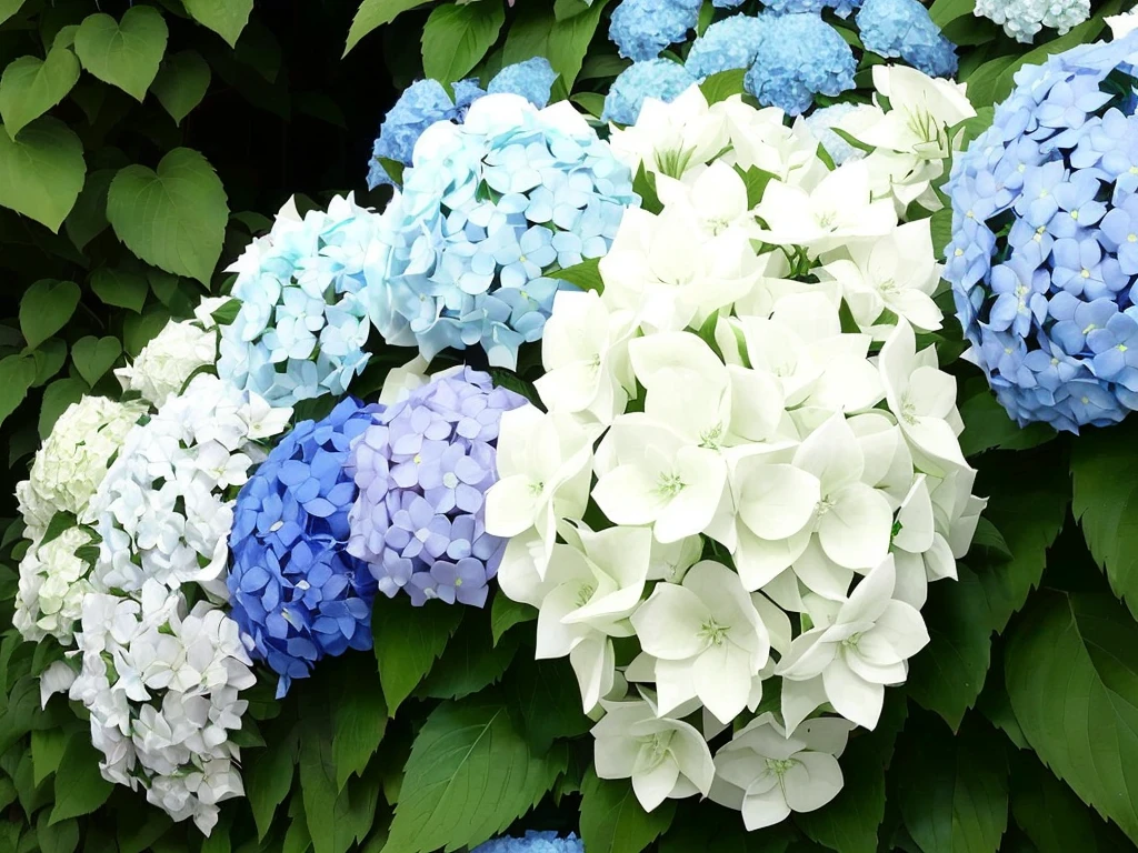 There are many different coloured colorful hydrangeas in the bush together, deity of Hydrangeas, Hydrangea, Beautiful large flowers, dominant wihte and green colours, green white colors, white and green, white and pale green toned, white and pale green, green! White, beautiful flower, green and white, Kano Tanyou