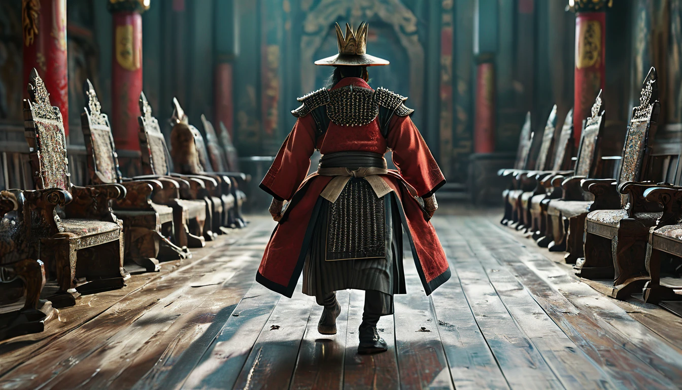 Rich middle-aged Japanese man walking to an empty throne, back view, rear view, wide angle, 4K (man) high resolution, sharp focus, (ultra detailed, highly detailed), (photorealistic artwork: 1.37), (highly detailed CG Unity 8k wallpaper), ((vibrant colors, vibrant theme))), (intricate), (masterpiece), (best quality), art photography, (photo by sldr), (intricate background), perfectly rendered face, perfect facial details, realistic face, photorealistic, ((intricate details)), (((realism))), full body, wide field of view,