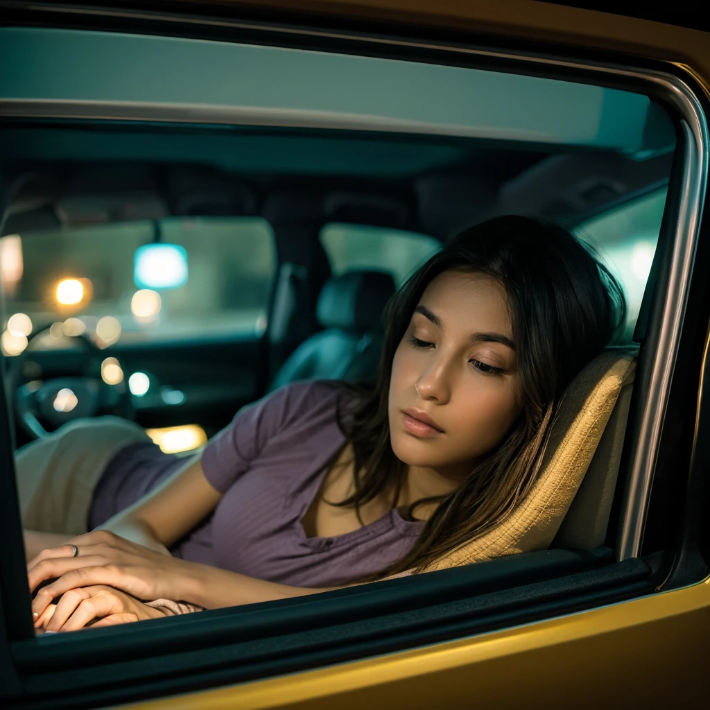 seen from inside the car, a woman sleeping soundly in a van, wide rear window of the car, at night, realistic photo, professional photographer, intricate details