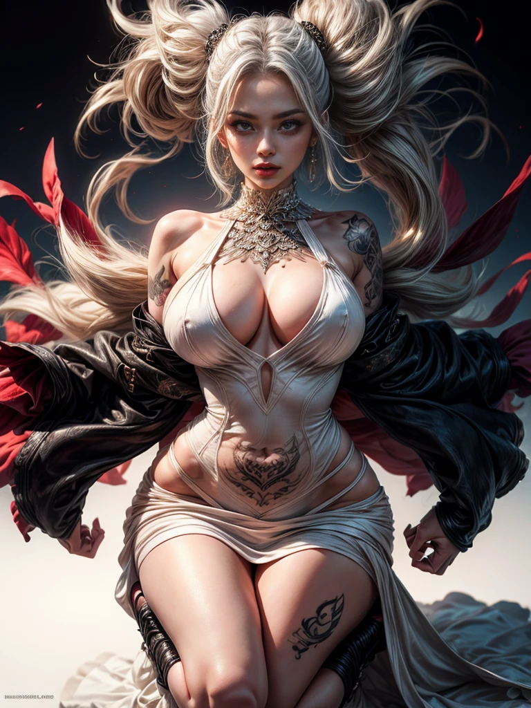 A beautiful babe, sex pose, erotic design , erotic face, erotic pose, pore white hair, , big eyes, sexy eyes, body covered with tattoo, red lips, sexy lips, sexy face, erotic, erotic pose, FULL BODY, (windy), white background, dark light, white dress,