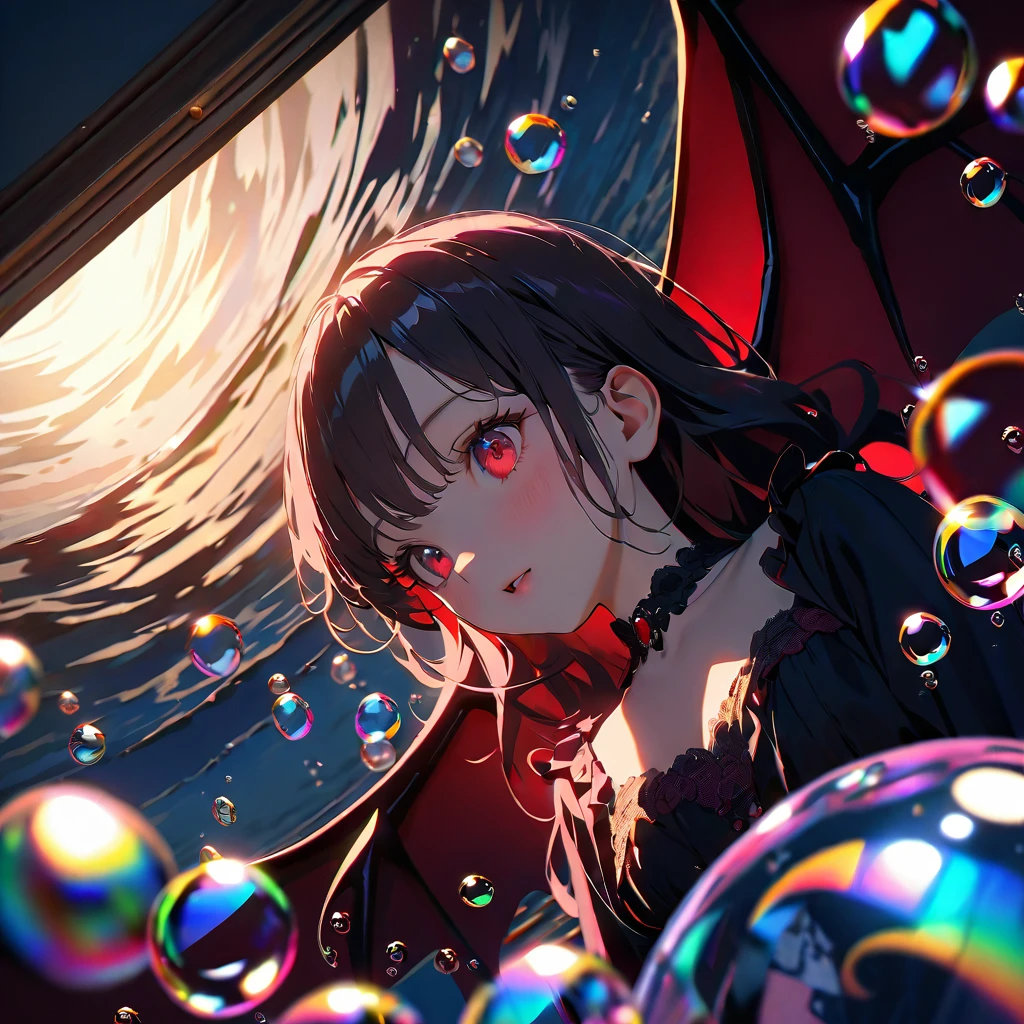 vampire、Girl with bat wings、(Lots of beautiful bubbles:1.4), break ,background\(Golden Hour,Very beautiful sea\), break ,quality\(8K,非常に精細なCGユニットのwallpaper, masterpiece,High resolution,top-quality,top-quality real texture skin,Surreal,Increase the resolution,RAW Photos,最高quality,Very detailed,wallpaper,Cinema Lighting,Ray-tracing,Golden Ratio\),Dynamic Angle,Bubbles close-up