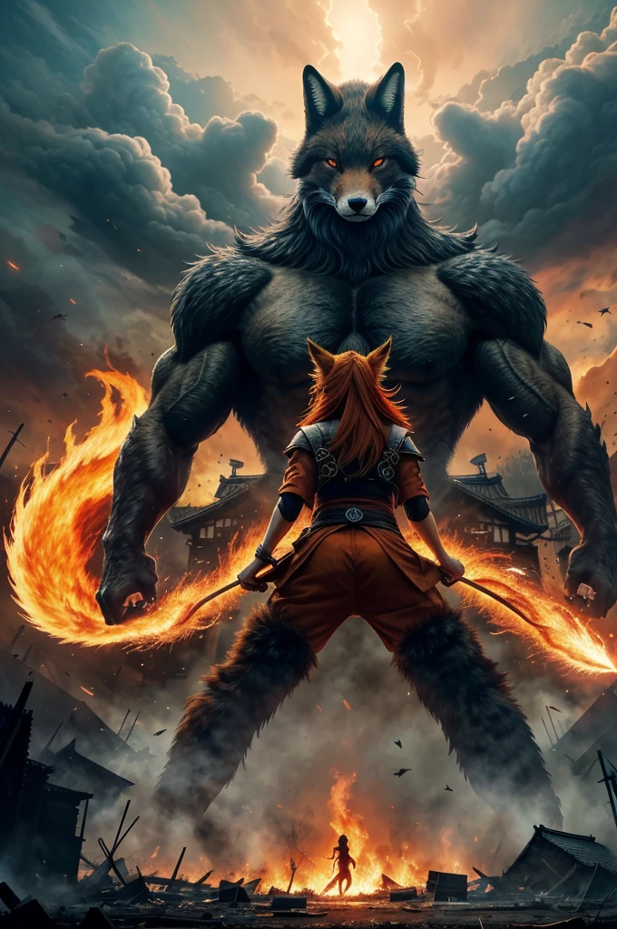 Create a highly detailed digital painting of an epic battle scene featuring a colossal, menacing nine-tailed fox (inspired by Kurama from Naruto) attacking a traditional Japanese village. The nine-tailed fox should be depicted with fiery red-orange fur, glowing blue eyes, and a ferocious expression. The village below should be in chaos, with buildings crumbling, debris flying, and a powerful sense of destruction. In the foreground, include a lone figure, small in comparison to the massive fox, standing their ground and facing the beast. The sky should be bright with scattered clouds, contrasting the chaotic scene below. The overall atmosphere should convey a dramatic and intense moment, full of energy and tension.