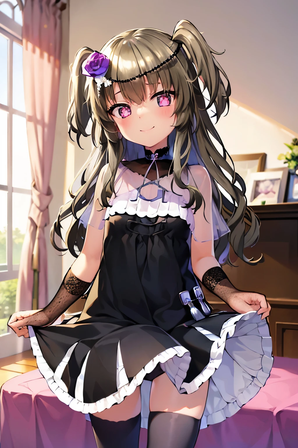 Himari Mei, masterpiece, li, cute, flat chest, {{{nsfw}}}, black short dress, detailed sparkling and brilliant purple eyes, head tilt, in castle style bedroom, cute and shy smile, Wide legged, clearly showing off black panties, thighhigh sox, hold legs up, short skirt, skirt lift