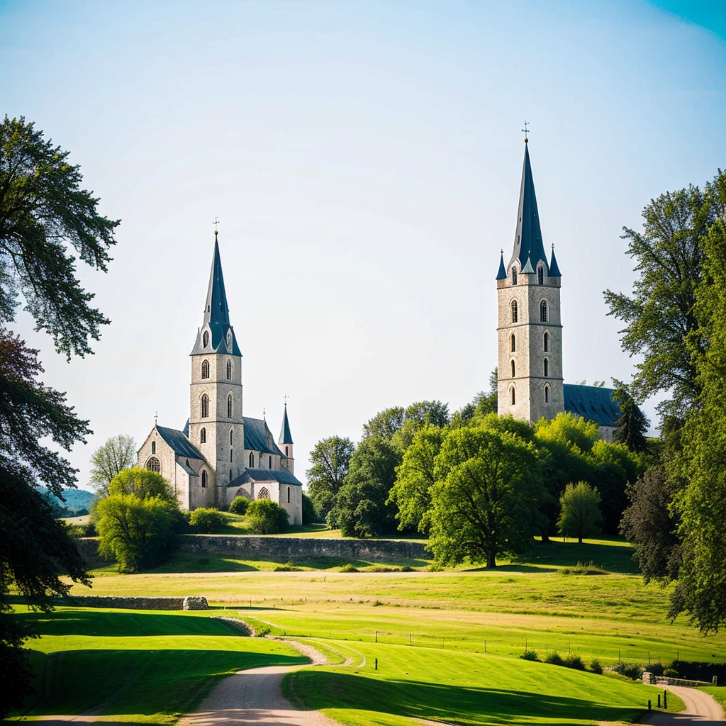 ((best quality)), ((Masterpiece)), (details), Church, Year 1000s, village, castle, knight, Lots of people