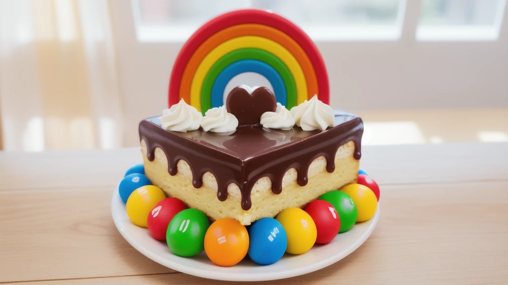 in the kitchen, in the fridge, on a white porcelain plate, a white square cream cake, colorful m&m's dragees around the cake, drops of chocolate ganache on the cake, cream clouds, a rainbow made of polymer clay, window light, bright lights, soft light, window light, professional lighting, light from the window, neat light, realistic texture, realistic style, detailed texture, high quality, high resolution, high quality rendering, realistic photo, brightning light, macro photo
