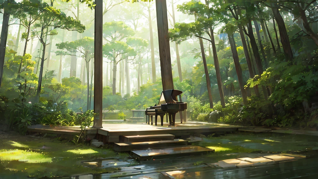 A grand piano placed under a large tree、The soft sunlight filtering through the trees makes it sparkle.、One grand piano、There is no one、With Makoto Shinkai-esque illustration touch、Rough anime style、in the forest