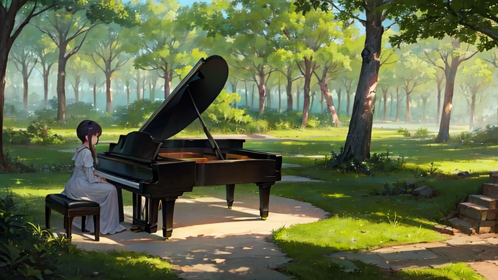 A grand piano placed under a large tree、The soft sunlight filtering through the trees makes it sparkle.、One grand piano、There is no one、With Makoto Shinkai-esque illustration touch、Rough anime style、in the forest