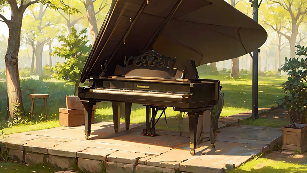 A grand piano placed under a large tree、The soft sunlight filtering through the trees makes it sparkle.、One grand piano、There is no one、With Makoto Shinkai-esque illustration touch、Rough anime style、in the forest