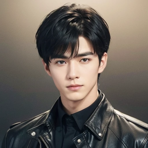 at office，wearing black leather coat，two block haircut, Attractive man，Live-action photo，Handsome and sunny，（SLR effect，Reality，8K，Hyper-detailing，Absolute realism）