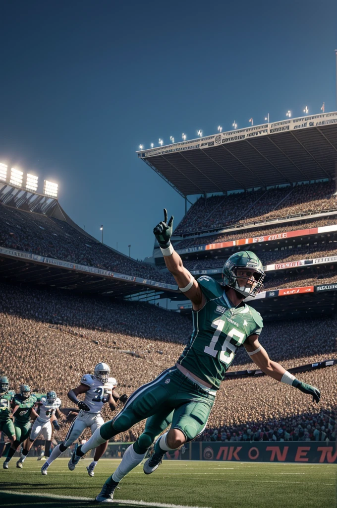 3d image of“Amidst the roar of the crowd, two rival football teams clash on the lush green field of the stadium. The home team, adorned in their iconic colors, fights to defend their turf. Meanwhile, the visiting team, equally determined, aims to upset the balance. The air is charged with anticipation as the players sprint, tackle, and strategize, each pass echoing through the stands. Who will emerge victor, wallpaper art, Promo art design, octane render, masterpiece detail,