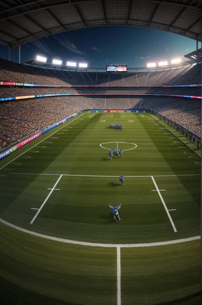 3d image of“Amidst the roar of the crowd, two rival football teams clash on the lush green field of the stadium. The home team, adorned in their iconic colors, fights to defend their turf. Meanwhile, the visiting team, equally determined, aims to upset the balance. The air is charged with anticipation as the players sprint, tackle, and strategize, each pass echoing through the stands. Who will emerge victor, wallpaper art, Promo art design, octane render, masterpiece detail,