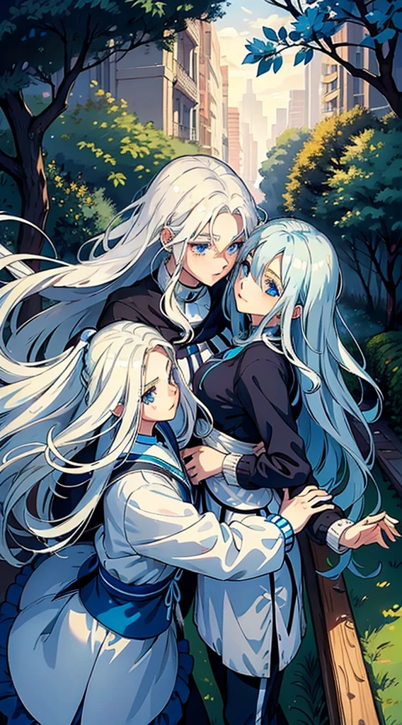 woman with long wavy white hair bright blue eyes wearing a sexy blue dress hugging a age girl with short wavy white hair bright blue eyes wearing a black sweater and white pants they are in a park