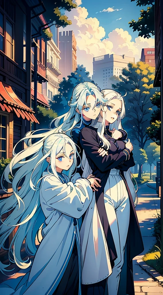 woman with long wavy white hair bright blue eyes wearing a sexy blue dress hugging a age girl with short wavy white hair bright blue eyes wearing a black sweater and white pants they are in a park