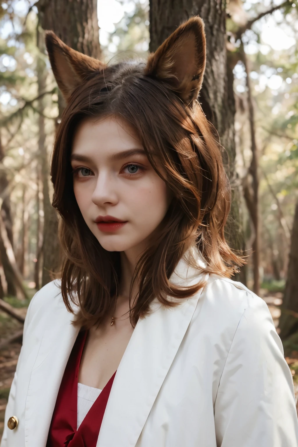 Gender: Female;
Clothes: white coat; shoulder-length haircut
Hair color: Red; forest ears and tail
Eye color: Black.