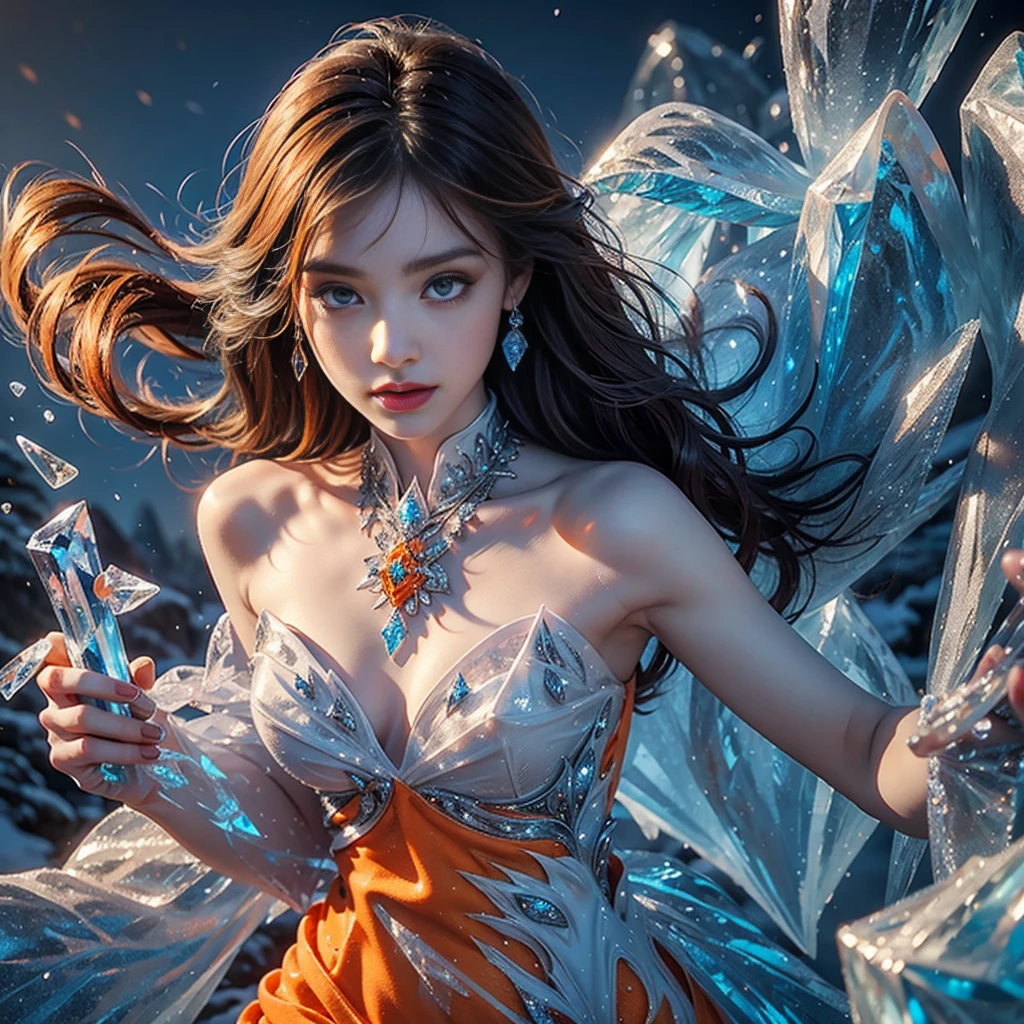 a beautiful ice goddess, good face, happy face, very long hair, realistic eyes, small breasts, ice magician, ice elemental, intricate design and details, chilling mist, cold, blizzard storm, conjuring ice spell, casting ice spell, detailed dress, (orange dress:1.5), realistic ice effect, ((ice:1.5)), snow particles, dark fantasy art style, ruined city, dramatic lighting, cinematic,