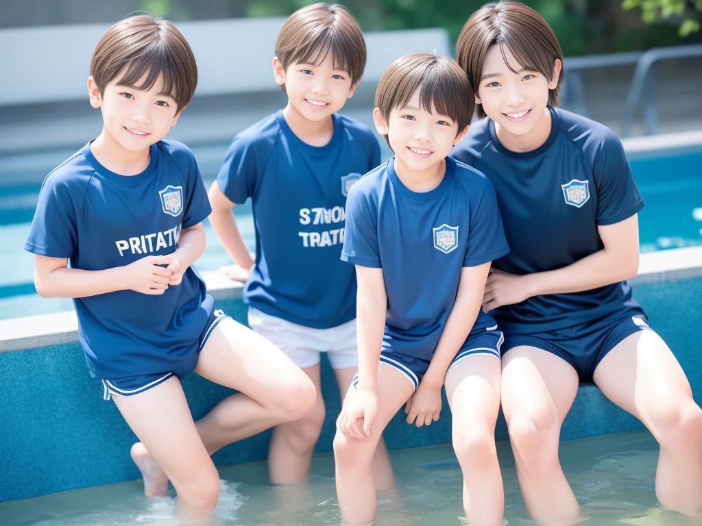 夏休みのprimary school校、Pool、primary school５Grade、Japan Boy、The water feels good、A good boy dripping with water、hot day、Two Boys、Various poses、Short sleeve gym uniform、Blue shorts、physical education、barefoot，（Boy 1.4）、Boys only 、(１０Age 1.４)