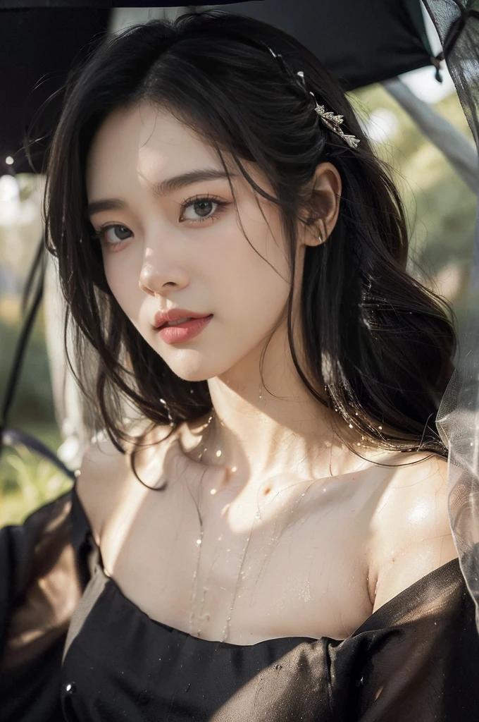 (((best quality))),(((ultra detailed))),(((masterpiece))),illustration,((1 beautiful girl,solo)),((slim,thin,flat chest)),(shoulder length straight bob hair:1.2),flowing hair,fair skin,(shiny skin:1.3),detailed eyes,laughing,(strapless bra:1.3),delicate necklace,grass,dewdropletts,trees,bird chirping,serenity,gratitude,awe,wonders of nature,peace,contentment,magnificent world,summer,(pitch-dark dawn:1.5),(night scene:1.3),((from front)),after rain,(wet:1.3),standing,on the path,At the mountaintop,confident gaze,elegant posture,mysterious atmosphere,solemn mood,dawn approaching,detailed decorations,(sunrise:1.3),(cloudy sky:1.2),rainbow,(Rural Landscape:1.2),horizon,(close-up of face:1.3)