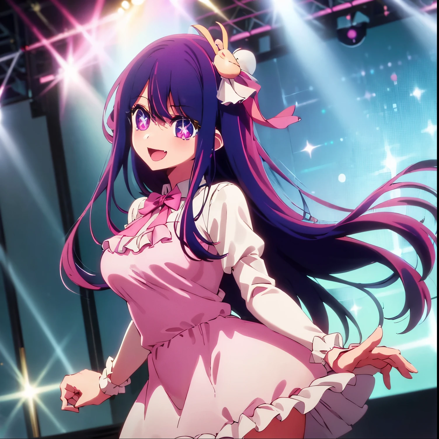 1 girl, alone, Ai Hoshino, Masterpiece, highly detailed, (1 girl in: 1.2), ultra detailed, sharp focus, detailed eyes, curvy body, cowboy shot, dynamic posture, looking at viewer, purple hair, long hair , Ai Hoshino, hair between the eyes, hair ornament, rabbit ornament, Pink hair band, long hair, One side up, (purple irises: 1.1), purple hair, ((rabbit hair ornament: 1.2)), (star-shaped pupils:1.5), symbol-shaped pupils,Brake strap, ((pink ribbon:1.1)), brooches, dress, pink dress, ((ruffled dress:1.3)), ((pink gloves:1.2)), ruffle, gloves, ((pink heart brooch)), idol, idol clothes, jewelry, pink gloves, ((red ribbon)), bow ribbon, high-neck dress,(( pink dress:1.3)),((white skirt;1.3)),short skirt,((pink thigh-high boots:1.2)),((neckline:1.2) , hands on waist, big eye, hair between the eyes, smile, 8k, Ai hoshino, large breasts, medium waist, wide hips, wide thighs, thick round butt, outside, stage, concert, night, stage lighting, looking forward, ((focus on the breasts),pov(from enmedy), perfect anatomy, perfect hands