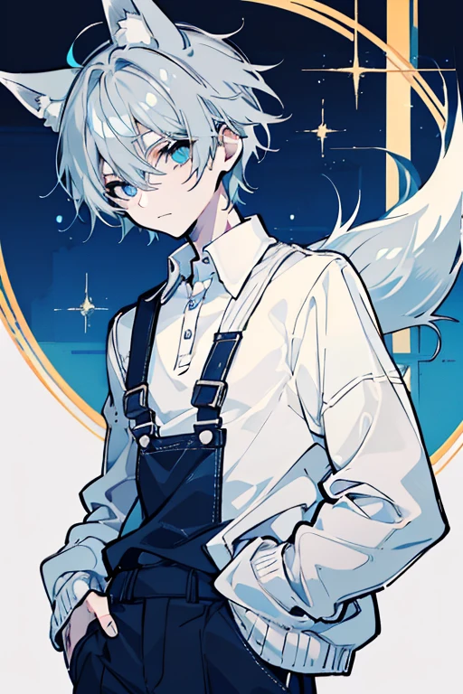 expressive eyes, perfect face, 1boy, young boy, young male, age boy, boy, male, masculine, boy, solo, (light shade hair, fox tail, fox ears, light blue grey hair, pale light blue gray hair, pale blue hair, bluish cyan hair), azure eyes, short bangs, big eyes, fox tail, arknights design, white polo, beret, beret hat, white beret hat, white beret, white polo shirt, overalls, jumper, overalls jumper, short hair, masculine look, young boy man, masculine face, kemonomimi