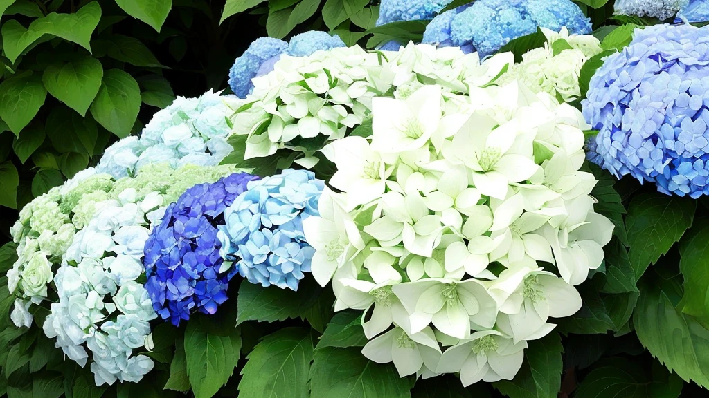 There are many different coloured colorful hydrangeas in the bush together, deity of Hydrangeas, Hydrangea, Beautiful large flowers, dominant wihte and green colours, green white colors, white and green, white and pale green toned, white and pale green, green! White, beautiful flower, green and white, Kano Tanyou