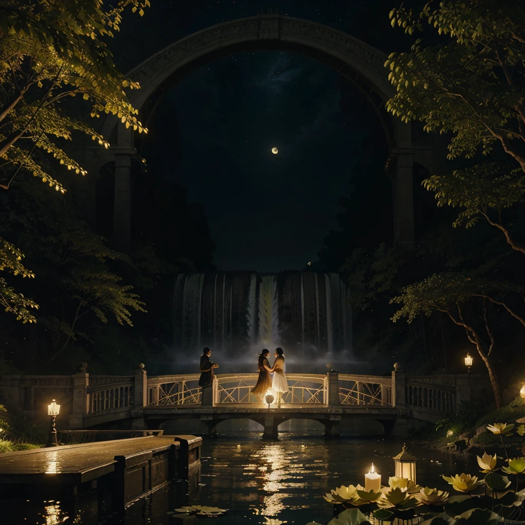 Full Moon Illustration and Waterfall, River boats, Lotus in river illustration, Candles floating on the river, The White Lotus of the Lotus, Bright yellow fireflies, Illustration of a vintage bridge near the river, Fantasy Art, Night theme, Dreamy art, hyperrealistic illustrations