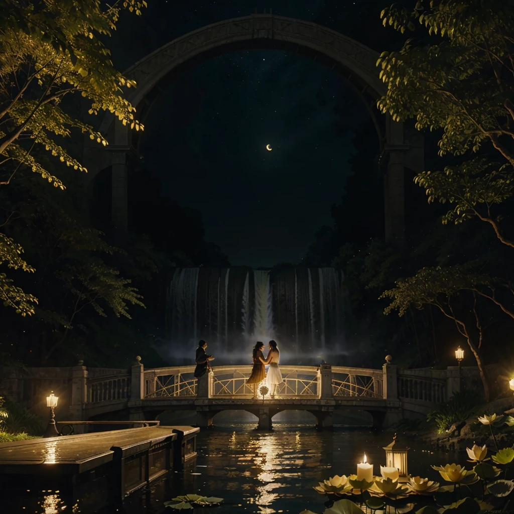Full Moon Illustration and Waterfall, River boats, Lotus in river illustration, Candles floating on the river, The White Lotus of the Lotus, Bright yellow fireflies, Illustration of a vintage bridge near the river, Fantasy Art, Night theme, Dreamy art, hyperrealistic illustrations