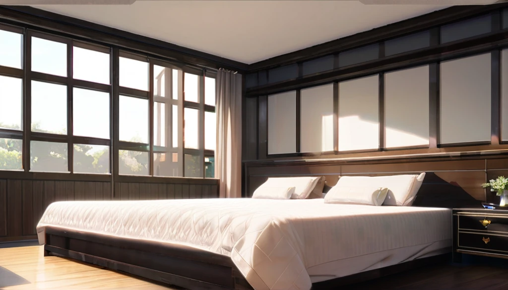 ((Anime Infinite Stratos nfsw Art)), 8k, ultra full high definition. The year is 2024. The theme is rest. The setting is a 25m² room, the walls are white, the ceiling has friezes with 3000k LED that completely illuminates the setting, the floor is wooden, there is a wooden double bed with a light pink cover, a wooden nightstand next to. There is a girl, she is lying on the bed on her back, she is 12 years old, short stature(145cm), brown(bright:1.9) hair(short:1.9) messy, purple eyes(bright:1.9), face wonderful, thin body(thin:1.9), large and round breasts, thin waist(thin:1.9), large and round ass, wide hips, slender thighs, wearing pink sweater(short:1.7), she is embarrassed. The atmosphere is sensual and mysterious. full view of the scene.