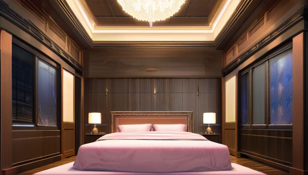 ((Anime Infinite Stratos nfsw Art)), 8k, ultra full high definition. The year is 2024. The theme is rest. The setting is a 25m² room, the walls are white, the ceiling has friezes with 3000k LED that completely illuminates the setting, the floor is wooden, there is a wooden double bed with a light pink cover, a wooden nightstand next to. There is a girl, she is lying on the bed on her back, she is 12 years old, short stature(145cm), brown(bright:1.9) hair(short:1.9) messy, purple eyes(bright:1.9), face wonderful, thin body(thin:1.9), large and round breasts, thin waist(thin:1.9), large and round ass, wide hips, slender thighs, wearing pink sweater(short:1.7), she is embarrassed. The atmosphere is sensual and mysterious. full view of the scene.