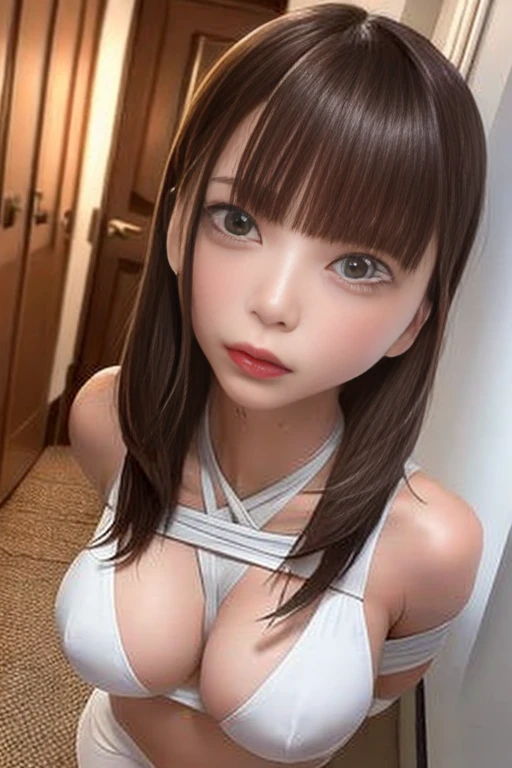(1 Female,alone,Bondage,Blowjob),Cowboy Shot,Adult beauty,20-year-old、Perfect Face, Beautiful and symmetrical face:1.4、Beautiful Face:1.2、Beautiful Eyes:1.2、Dark brown hair,Shortcuts,Brown eyes,Anxious expression、Watery eye、Open your mouth,Small head:1.5、Ideal body proportions:1.5、skinny,Slender body,Medium chest,(shibari,hemp rope、White bra、White panties、Wet crotch),Kneel,Put your arms behind your back,、Simple room、