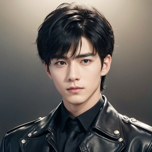 at office，wearing black leather coat，two block haircut, Attractive man，Live-action photo，Handsome and sunny，（SLR effect，Reality，8K，Hyper-detailing，Absolute realism）