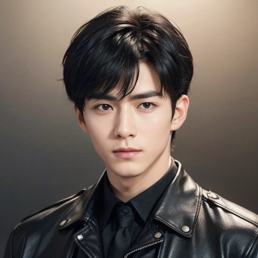 at office，wearing black leather coat，two block haircut, Attractive man，Live-action photo，Handsome and sunny，（SLR effect，Reality，8K，Hyper-detailing，Absolute realism）