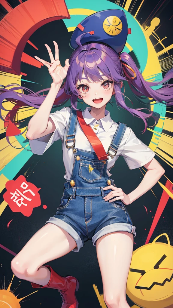 Araleちゃんは特徴的な大きな丸眼鏡をかけており、In the red hat「Arale」it is written like this。Her outfit is blue overalls and a white shirt、Wearing yellow boots。With a cheerful smile and raising her right hand high in greeting,、The left hand is on the hip。In the background you can see Dr. Yamabuki's house in Penguin Village.、The house is made of brown wood.、The roof is made of blue tiles。Colorful flowers bloom in the garden、there is a small pond。The sky is clear and blue、White clouds floating。The sun is shining brightly、The overall atmosphere is bright and warm。