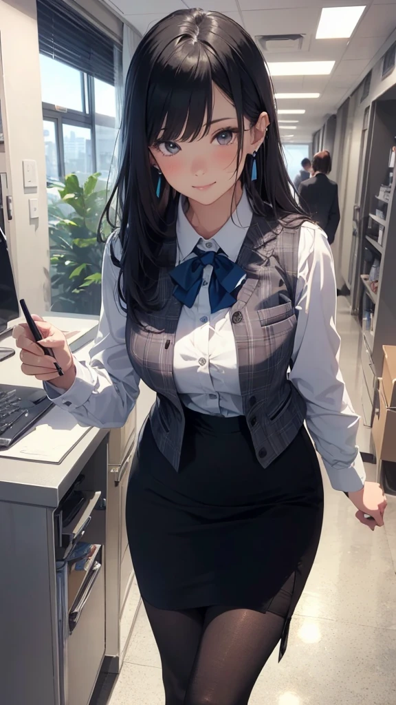 ((((1ladyl,))))  (masterpiece), (realistic), (best quality), (ultra-detailed),  amazing 30 years old wife,  pantyshot, long brown hair, office lady, Wearing a pink plaid vest, White short sleeved shirt, Gray pencil skirt, Wear stiletto heels, Necklace, earrings,  Cute face, Smile, Blushing, Shyness, Glass wall, Ultra Detail, Realistic, Front view, Whole body, (wearing in [[white and gray check pattern]] Vest worn over white collared long-sleeved shirt:1.4), (gray vest with buttons:1.2), (Pink Theme:1.2), (blue ribbon ribbon:1.3), (Black theme:1.4), (Tight black pencil skirt:1.5), ((Brown pantyhose)), (high-heels:1.1),longskirt,office desk, office chair,Lulubre Unity 8K Wallpaper, Beautiful background, clearly, Best Quality, The highest resolution, Best aesthetic,extremely detailed CG unity 8k,