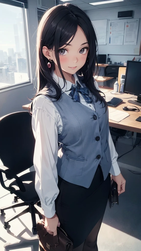 ((((1ladyl,))))  (masterpiece), (realistic), (best quality), (ultra-detailed),  amazing 30 years old wife,  pantyshot, long brown hair, office lady, Wearing a pink plaid vest, White short sleeved shirt, Gray pencil skirt, Wear stiletto heels, Necklace, earrings,  Cute face, Smile, Blushing, Shyness, Glass wall, Ultra Detail, Realistic, Front view, Whole body, (wearing in [[white and gray check pattern]] Vest worn over white collared long-sleeved shirt:1.4), (gray vest with buttons:1.2), (Pink Theme:1.2), (blue ribbon ribbon:1.3), (Black theme:1.4), (Tight black pencil skirt:1.5), ((Brown pantyhose)), (high-heels:1.1),longskirt,office desk, office chair,Lulubre Unity 8K Wallpaper, Beautiful background, clearly, Best Quality, The highest resolution, Best aesthetic,extremely detailed CG unity 8k,