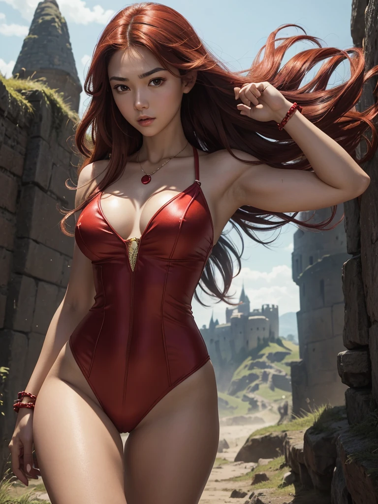 8K. A red princess in a fantasy setting with a brown floating hair. Wearing a sexy red silky princess suit no pants. cleavage. Red Ruby stone necklace. Red Crown on the head. Bracelets. She is rather slim. Very small breasts. Small hips and long thin legs. White skin. A narrow soft face. Soft round chin. A very long and big nose. Cute curved lips. Big upturned eyes. Very bright and barley visible eyebrows. Very very thin eyebrows. Long neck. Courageous and Adventurous personality. backgrounds: battlefield. Castle. Master of martial arts. red Sword. Fighting scene. dynamic pose