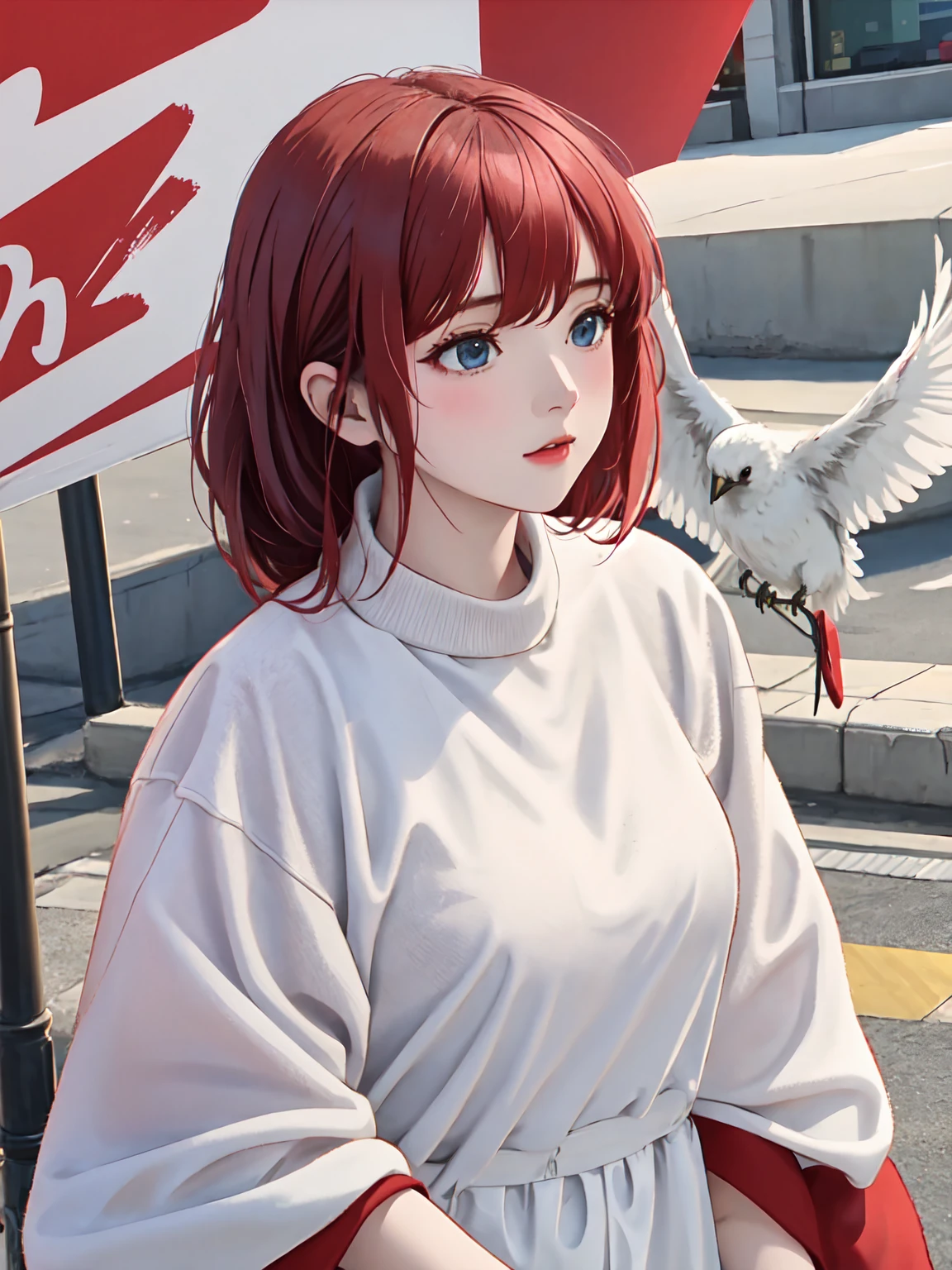 4K, stone texture, young adult, solid white background, promotional poster, birds-eye view, in focus with blurred foreground, Crimson, masterpiece, best quality, high quality, hyper detailed, a girl