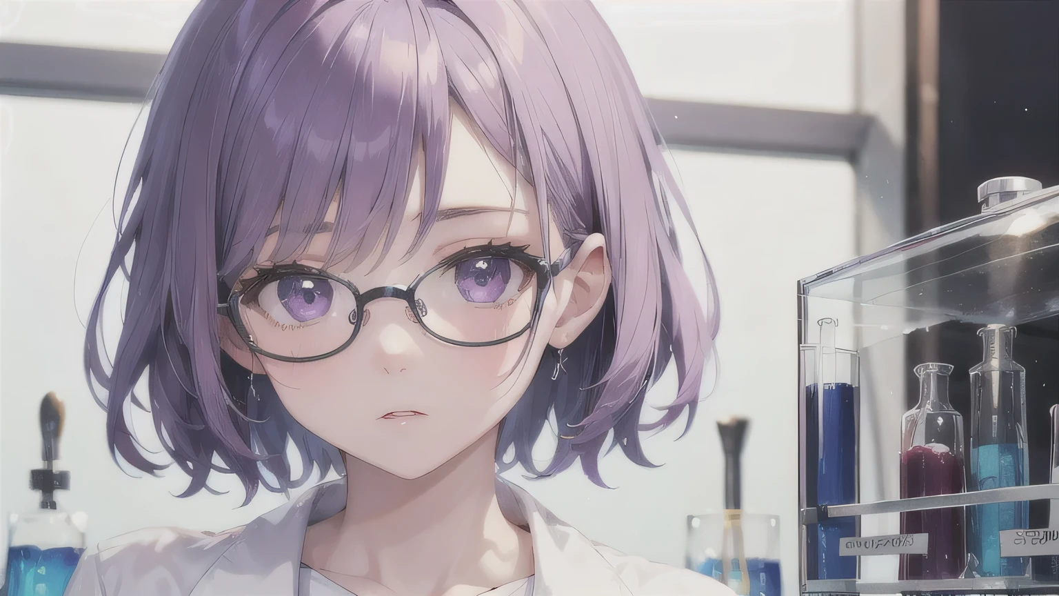 One Girl,20-year-old,Beautiful Face,Upper Body,Light purple hair、short hair、center part、Sharp focus,shirt、White、Expressionless、Purple Eyes、Glasses、Laboratory