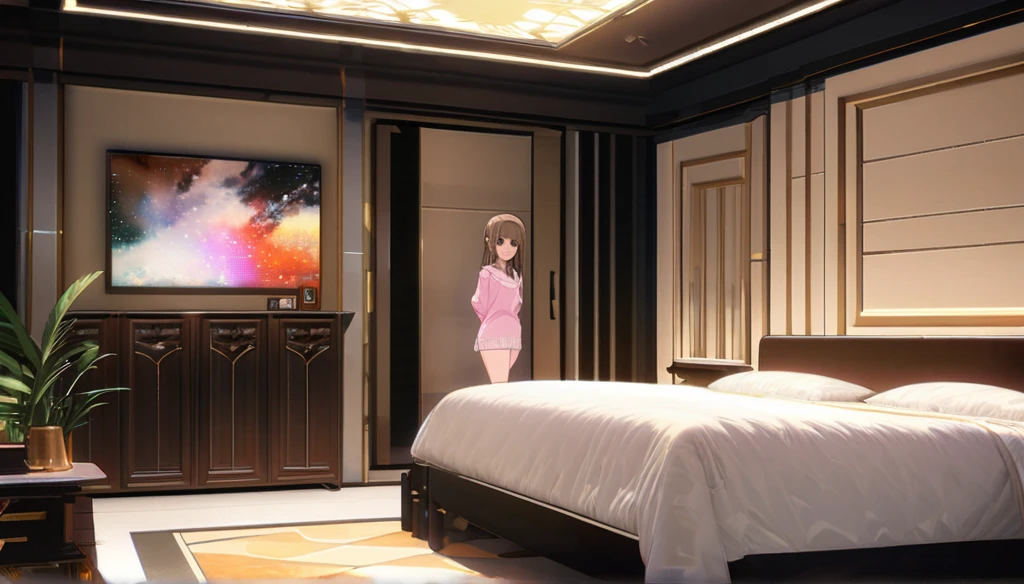 ((Anime Infinite Stratos nfsw Art)), 8k, ultra full high definition. The year is 2024. The theme is rest.  The setting is a 15m² room, the walls are white, the ceiling has friezes with 3000k LED that completely illuminates the setting, the floor is wooden, there is a wooden double bed with a light pink cover, a wooden nightstand next to. There is a girl, she is lying on the bed on her back, she is , short stature(145cm), brown(bright:1.9) hair(short:1.9) messy, purple eyes(bright:1.9), face wonderful, thin body(thin:1.9), large and round breasts, thin waist(thin:1.9), large and round ass, wide hips, slender thighs, wearing pink sweater(short:1.7), she is embarrassed.  The atmosphere is sensual and mysterious.  full view of the scene.