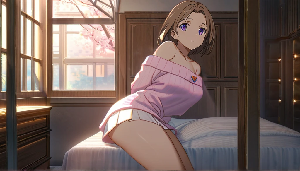 One girl, solo, cute, purple eyes, brown short hair, large breasts, highres, 4k, blush, sexy little slut, in heat, completely naked, lying on bed with spread legs, from above, brutal love, sweating