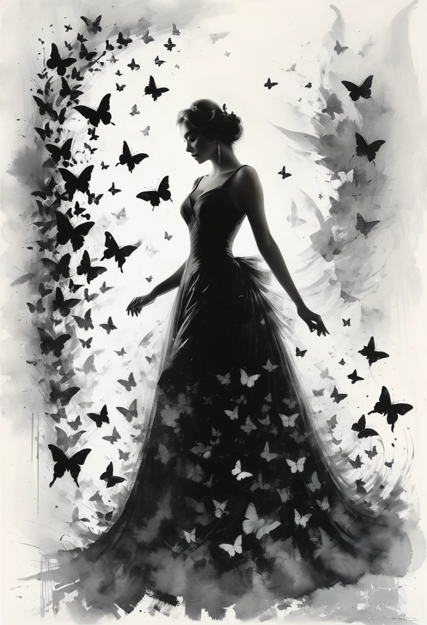 mj, RTX, 4k, HDR, Anna Razumovskaya, Casey Baugh, Antonio Mora, Aminola Rezai, Giovanni Boldini, art, realistic art.silhouette of a woman surrounded by butterflies, trending on pixabay, beautiful dress, cute artwork, cinderella, beautiful shapes, polishing, outdoors, great photo on Pinterest, stencil, scales, white background, symbols, painting in the style of Anders Zorn, Alexi Brilo, Luisa Royo, Studio Ghibli Genshin Impact