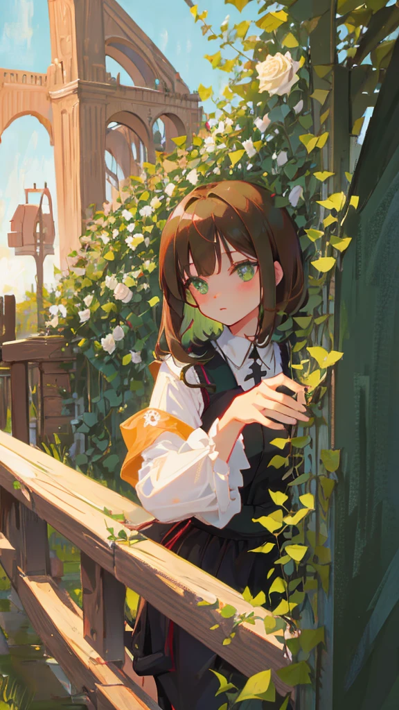 (Masterpiece), 1 girl, Alone, ANIMAL, white flower, shirt, orejas de ANIMALes, flower, very wide, collared shirt, Bun, socks, wide, black socks, gloves, green eyes, apron, tenure, session, hair ornament, blush, Chapped lips, hits, looking at the viewer, cola, yellow flower, pink shoes, white shirt, pelusa de oreja de ANIMAL, Brown hair, bird, up to the knee, whole body, Skirt, rosa, Potted plant, double bun, watering can, Hair clip, shoes, grey Skirt
