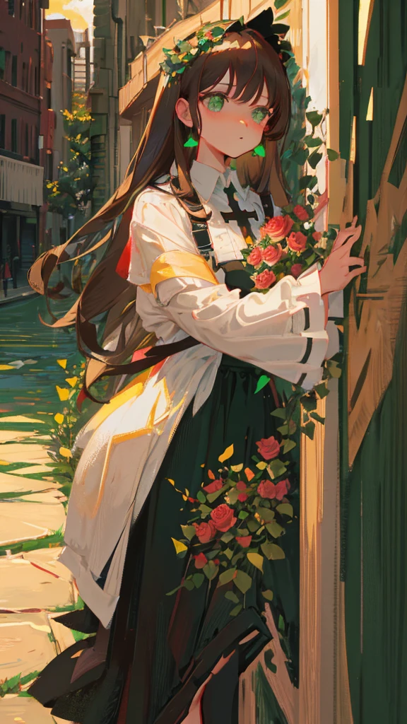 blunt bangs, green eyes, Brown hair, cross, many rose, Gothic