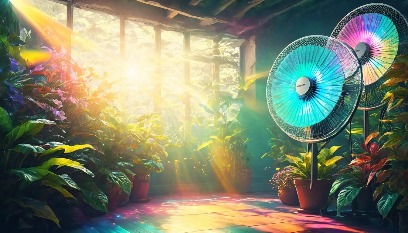 {{masterpiece}}, Highest quality, Highly detailed CG Unity 8k wallpaper, Cinema Lighting, Lens flare, Beautifully detailed room, Suite room with ocean view, colorful light, particle, Heterochromia iridis, (colorful:1.5), Foliage plant、Retro electric fan、