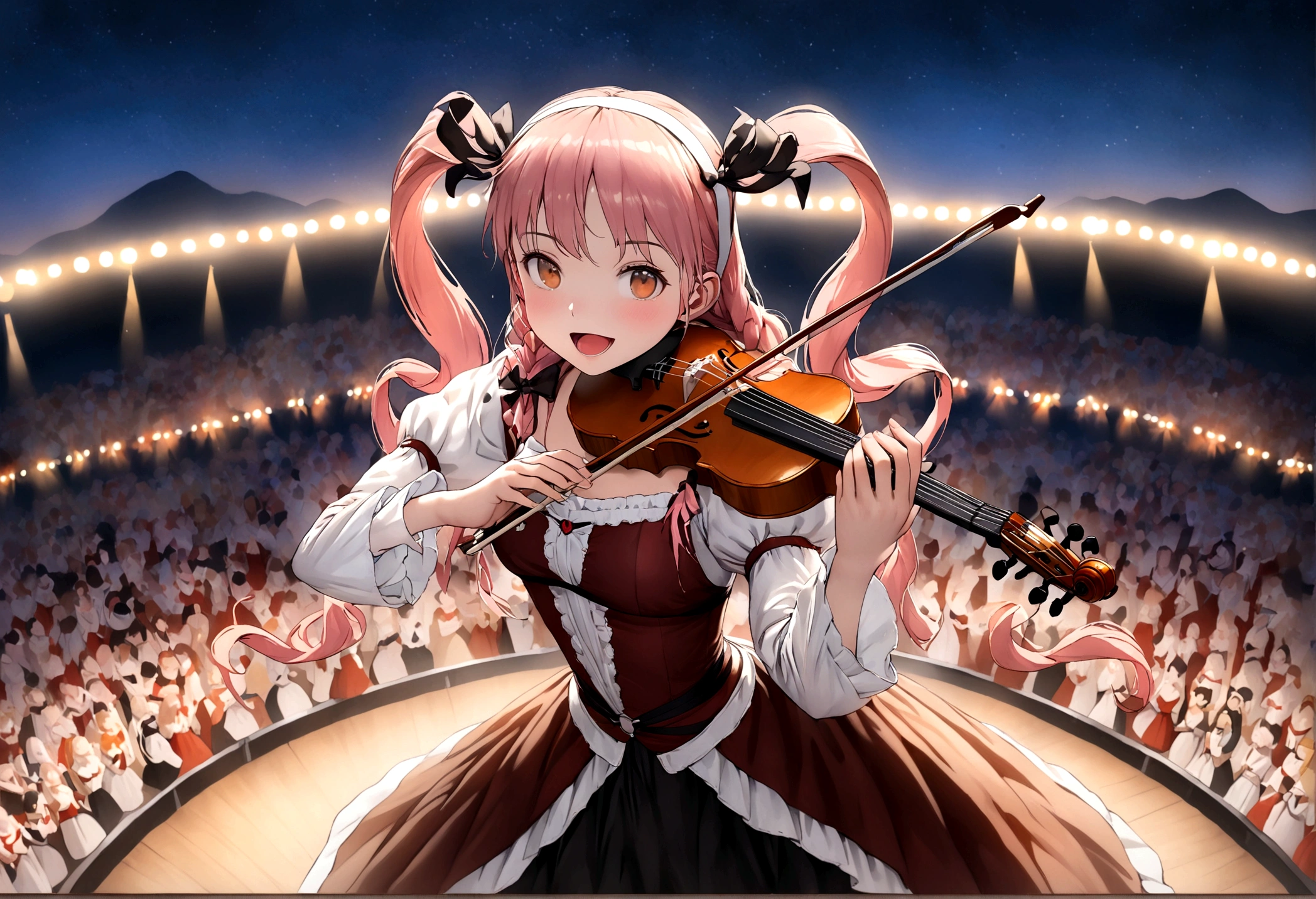 anime, chibe, (((Top quality, 4k, 8k, high resolution, masterpiece: 1.2))), (super detailed), (realistic), (photorealistic), (photorealistic: 1.37), (HDR, UHD), (studio (lighting)), ultra-fine drawing, sharp focus, physically based rendering, highly detailed, professional, vibrant colors, perfect ditaile hand, highly detailed realistic eyes, anime, cartoon, multiple girls, A lot of girls, 48 ​​girls, Medieval European clothing, Medieval European citizen clothing, (((Girls playing guitar, playing the lute, playing the violin, playing the flute, playing the drums))), Many girls dancing on the stage, Countryside, Village Festival Stage, festival, carnival, festival decoration, smile, open mouth, brown hair, black hair, green hair, pink hair, blue hair, blond, orange hair, long hair, Medium long hair, short hair, Twin tail hairstyle, braid hairstyle, ribbon, hair ornaments, hairband, white hairband, brown eyes, blue eyes, red eyes, black eyes, green eyes, Yellow Eyes, Mini skirt,thighhighs, Long skirt, socks, looking at viewer, (((Long shot, Panorama, Aerial view, Distant view))),