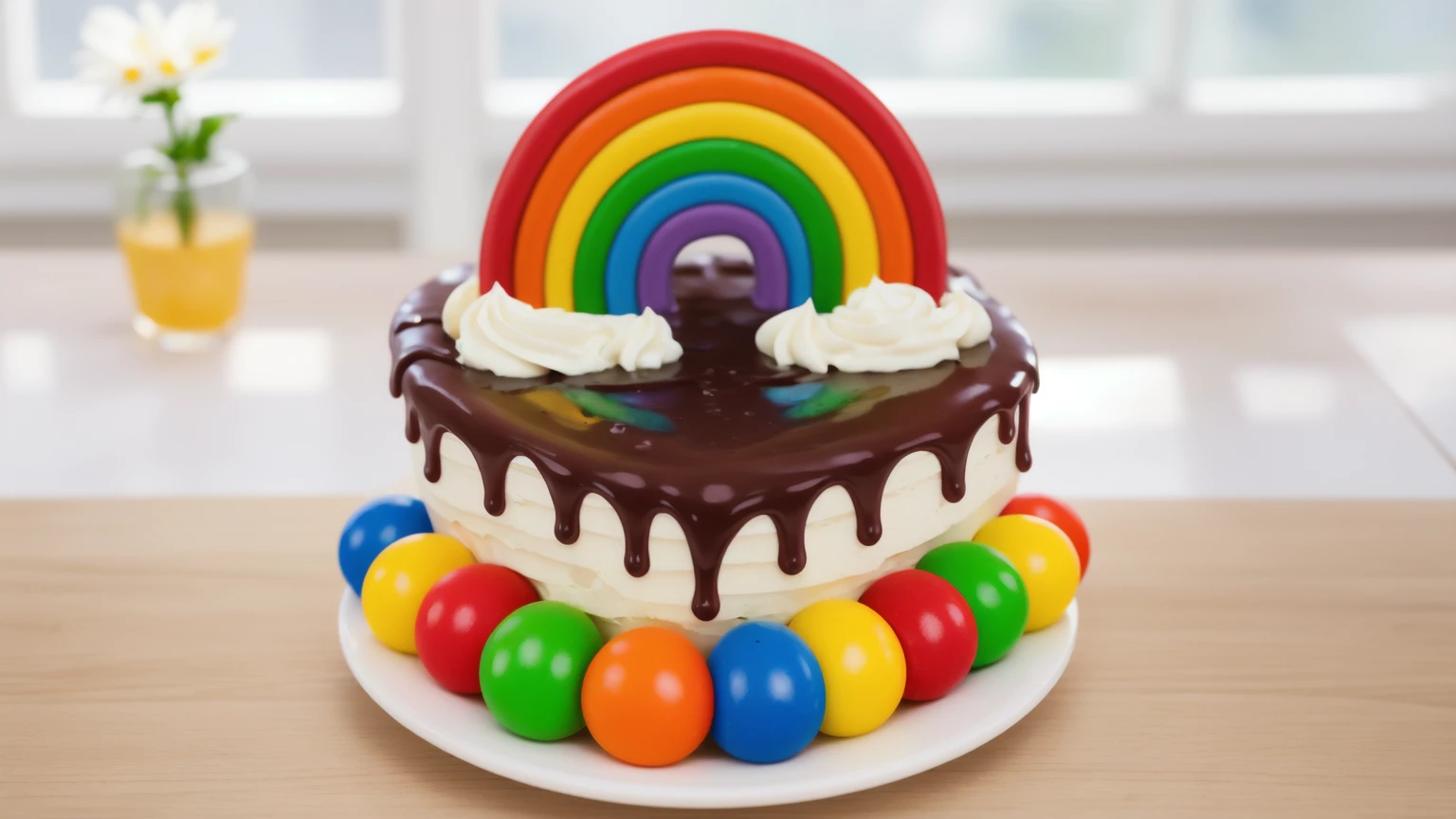 in the kitchen, in the fridge, on a white porcelain plate, a white square cream cake, colorful m&m's dragees around the cake, drops of chocolate ganache on the cake, cream clouds, a rainbow made of polymer clay, window light, bright lights, soft light, window light, professional lighting, light from the window, neat light, realistic texture, realistic style, detailed texture, high quality, high resolution, high quality rendering, realistic photo, brightning light, macro photo
