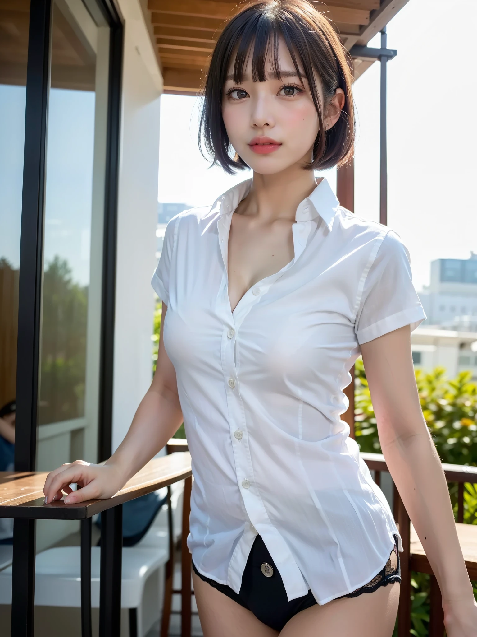 ((Best of the highest quality, 8k, Masterpiece, raw photo: 1.2)), (Sharp focus: 1.2), (1 AESPA, slim body type female, 21 y/o: 1.1), (Solo: 1.28), (realistic, photo-realistic:1.37), face focus, cute face, finely eyes, (droopy eyes: 1.32), (Emphasize prominent aegyo-sal with bright: 1.2), shimmering eyeshadow applied under the lower lash line, paired with thick, (small breasts, flat chest, Thigh: 1.3), (short bob hair, bangs: 1.28), (wearing button down business shirt, panties: 1.32), walking terrace dining, flower, (from below: 1.12)